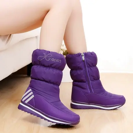 雪地靴女中筒棉靴户外防水滑雪冬靴平跟防滑学生棉鞋加绒保暖鞋图片