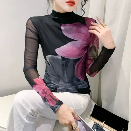 半高领打底衫女内搭秋冬新款时尚印花上衣修身网纱加绒T恤长袖潮商品大图