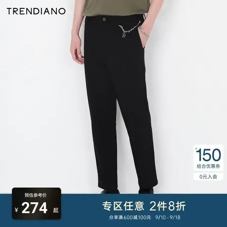 TRENDIANO潮牌新款夏季男装链条修身休闲裤长裤男 黑色直筒九分裤商品大图