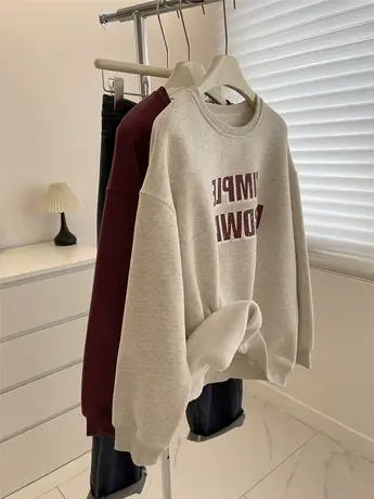 美式复古圆领加绒卫衣女！秋冬百搭宽松字母印花加厚套头休闲上衣商品大图