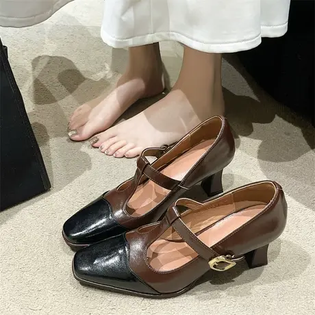 复古玛丽珍鞋女2023秋冬新款时尚粗跟小皮鞋法式配裙子浅口高跟鞋商品大图