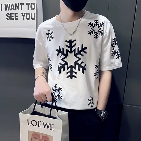 夏季男士t恤短袖学生雪花印花时尚休闲个性网红半袖潮流潮牌体恤商品大图