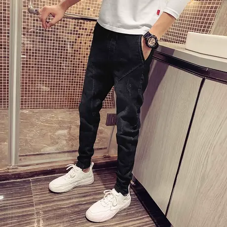 秋季新款牛仔裤男修身小脚九分裤纯色百搭哈伦裤小脚哈伦青年长裤商品大图