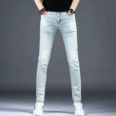 男士新款浅色高档牛仔裤男款修身小脚裤子男2023新款秋季弹力百搭商品大图