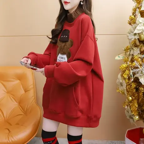 加绒加厚半高领卫衣女中长款打底衫秋冬季2023新款宽松慵懒风上衣图片