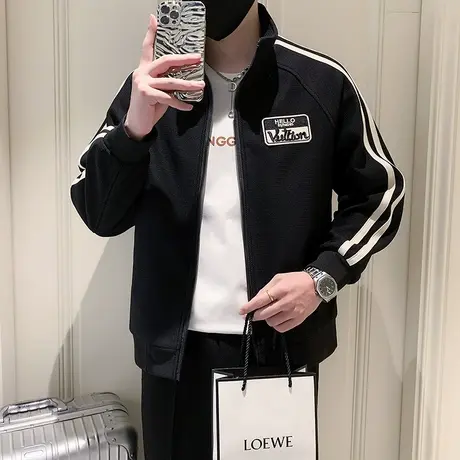 潮牌夹克男休闲条纹潮流百搭外套2023新款机车刺绣设计感开衫褂子商品大图