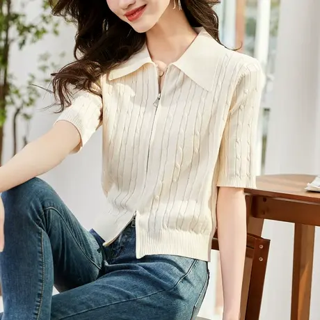 时尚气质针织短袖2023年夏季新款淑女温柔显瘦通勤拉链开衫上衣商品大图