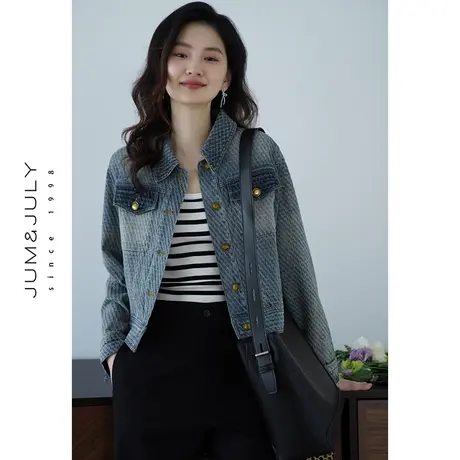 嘉茱莉春季外套编织肌理感牛仔外套女小个子短款牛仔上衣设计感图片