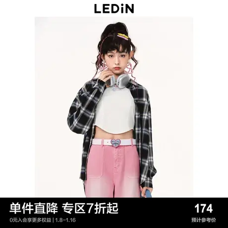 乐町休闲格纹衬衫2023春季女可爱休闲C1CAD1402图片