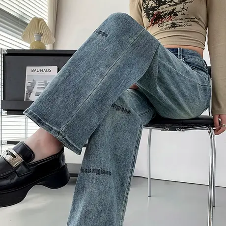 刺绣字母窄版阔腿牛仔裤女春秋2024年新款高腰显瘦宽松直筒拖地裤商品大图