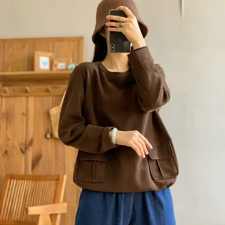 dza 复古纯棉圆领口袋显瘦宽松卫衣女士春季新款休闲短款长袖上衣图片