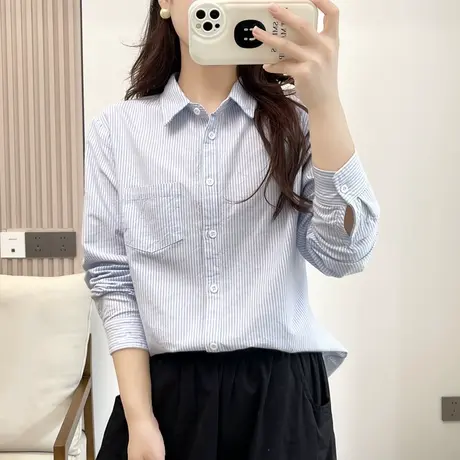 简约蓝色竖条纹长袖衬衫女春季新款宽松牛津纺通勤纯棉衬衣打底衫商品大图