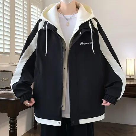 假两件连帽夹克男春秋季美式休闲工装冲锋衣男士潮牌宽松拼接外套商品大图