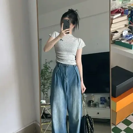 正肩短袖t恤女修身显瘦夏季小众独特设计感美式辣妹风短款上衣ins商品大图