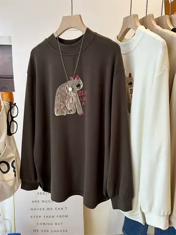 韩国新 卡通北极熊高柔双面云朵绒大版长袖t恤女中长款磨毛打底衫图片