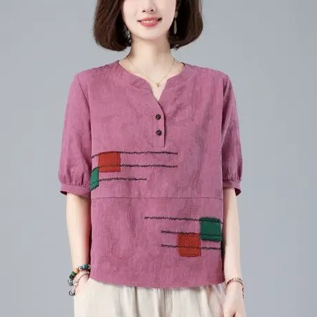 妈妈棉麻短袖T恤女夏季新款宽松加大码女装中年刺绣v领显瘦上衣衫商品大图