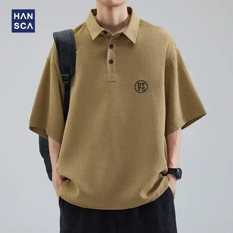 hansca衬衫男短袖polo衫夏季宽松潮流美式复古华夫格大码休闲外套商品大图