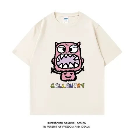 美式复古卡通小怪物印花短袖T恤男ins港风潮牌街头夏季情侣装体恤商品大图