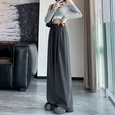 高级感西装裤女春季2024新款咖色阔腿裤松紧腰垂感休闲直筒拖地裤图片