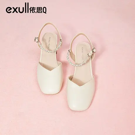 依思q粗跟仙女风温柔凉鞋女款2024春季新款浅口珍珠软底包头单鞋图片