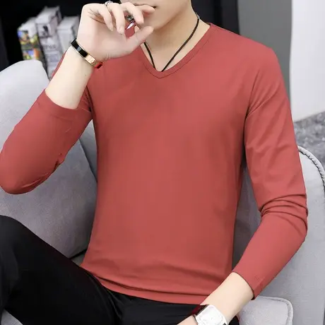 莫代尔长袖t恤男装V领秋季小衫纯色内搭打底衫体恤秋衣服潮流百搭商品大图