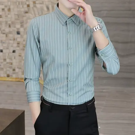 高级感条纹衬衫男长袖秋季韩版修身潮流帅气弹力免烫商务休闲衬衣商品大图