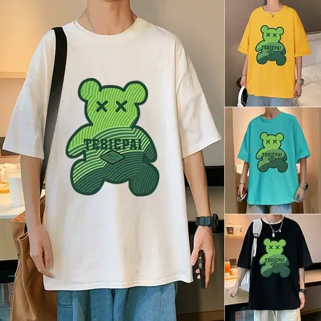 短袖t恤男ins潮牌卡通小熊印花半袖上衣服港风纯棉夏季宽松打底衫商品大图