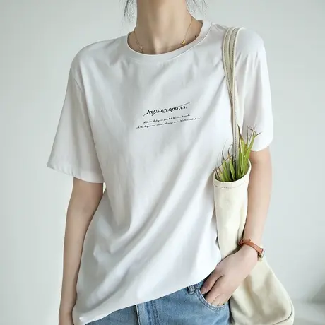 嘉茱莉2023夏季新款白色短袖t恤女设计感上衣夏款字母体恤上衣女图片