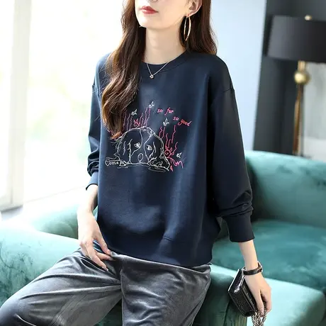 宝诗黎圆领刺绣百搭卫衣女装新款2023慵懒长袖秋季时尚宽松上衣商品大图