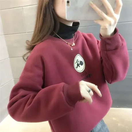 女士加绒加厚卫衣秋冬2020新款爆款宽松韩版拼接高领时尚上衣慵懒商品大图