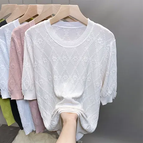 圆领冰丝针织衫女2023夏秋新款宽松外穿上衣中袖薄款钉珠t恤衫潮图片