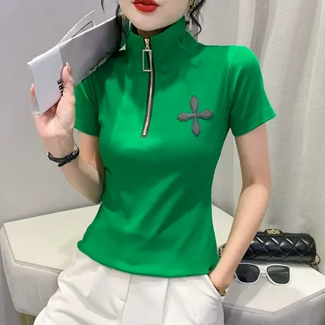 个性拉链立领短袖T恤女洋气修身百搭上衣显瘦小衫设计感t桖ins潮商品大图