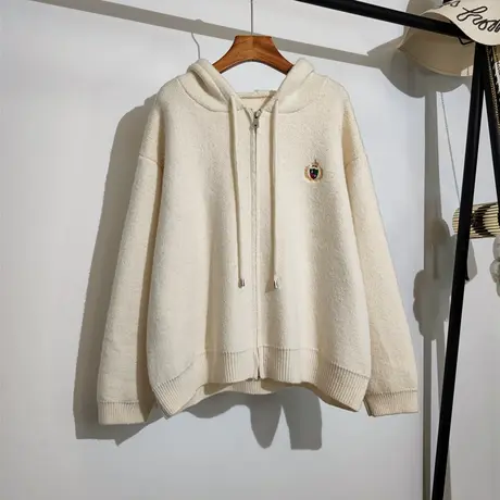 连帽针织开衫女秋冬新款宽松慵懒学院风休闲上衣拉链毛衣外套加厚图片