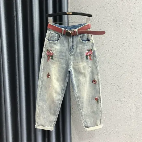 洋气复古怀旧刺绣牛仔裤女2023夏季新款宽松休闲老爹裤高腰哈伦裤商品大图