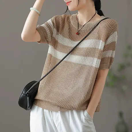 dza 复古薄款针织短袖t恤女夏季宽松休闲外搭t恤短款镂空漂亮上衣商品大图