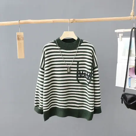 2023年冬季新款女装上衣半高领条纹毛衣女套头宽松百搭针织打底衫图片