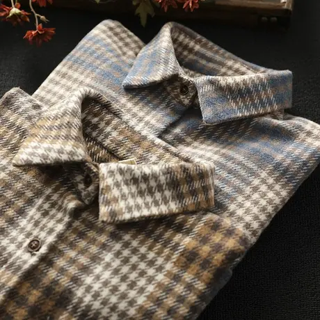 枫谜秋冬新款文艺韩版呢子格子衬衫女宽松磨毛格子长袖衬衣外套商品大图