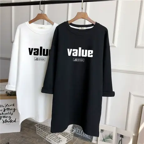 磨毛上衣长袖t恤女中长款韩版宽松大码减龄潮流2022新款纯棉百搭商品大图