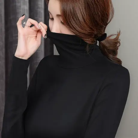 纯棉黑色高领打底衫女春秋新款简约百搭长袖大码女装紧身内搭t恤商品大图