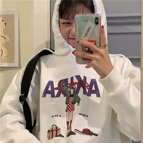 原创复古港风ins潮盐系冬装新款加厚加绒连帽卫衣女宽松bf慵懒风图片