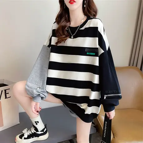 设计感小众卫衣女春秋季韩版宽松薄款小个子假两件条纹上衣服外套商品大图