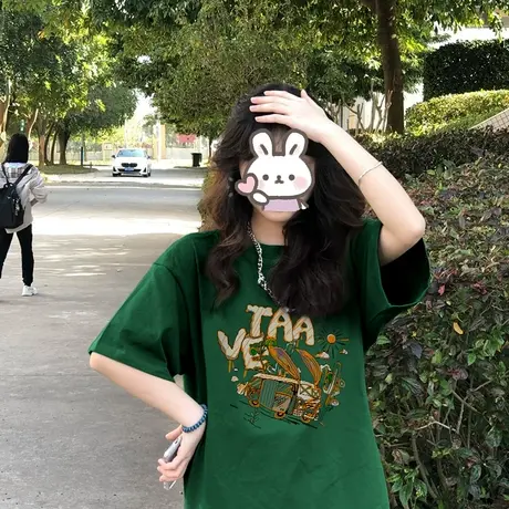 重磅纯棉绿色短袖t恤女显瘦宽松小个子oversize上衣半袖美式复古商品大图