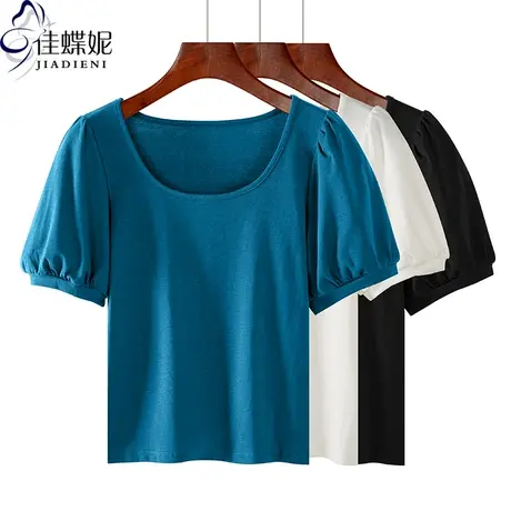 夏季新款韩版圆领纯棉修身纯色短款泡泡袖短袖体恤上衣内搭打底女商品大图