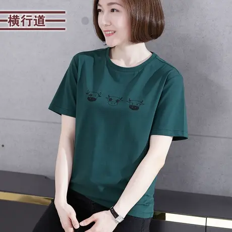 2023新款夏装圆领绿色印花短袖t恤女百搭上衣服大码体恤胖MM半袖图片