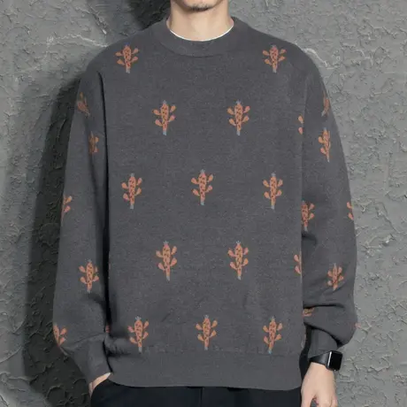 仙人掌提花圆领宽松毛衣男2022秋冬新款潮线衣加厚针织衫打底毛衫图片