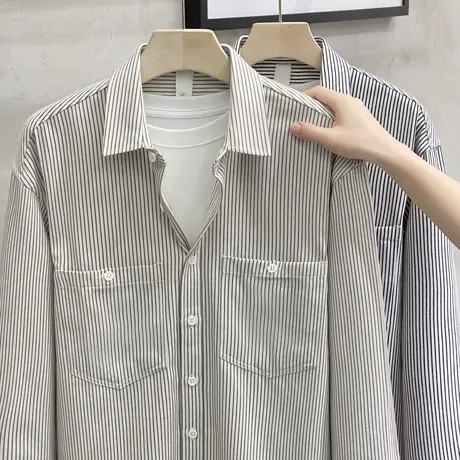 男士衬衫长袖商务休闲男装早秋上衣服宽松细条纹纯棉衬衣男春秋款商品大图