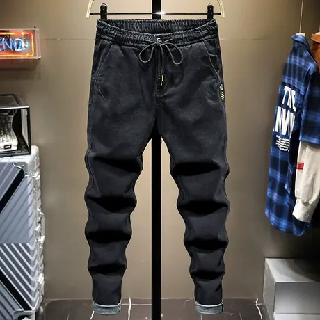 春夏新款松紧腰系带牛仔裤男宽松哈伦裤子男士休闲小脚裤子男百搭商品大图