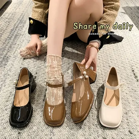 法式单鞋女2023春夏新款配裙子复古方头温柔气质中跟玛丽珍小皮鞋商品大图