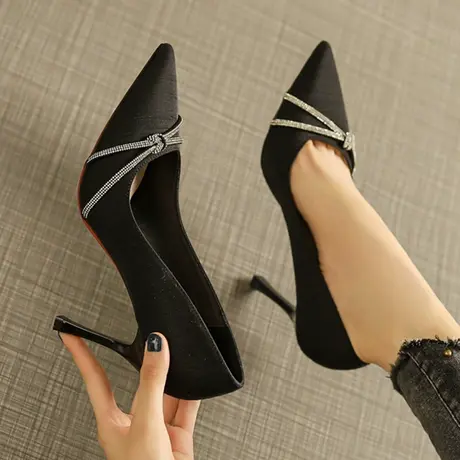 2023年春季新款单鞋性感尖头鞋水钻宴会法式百搭黑色高跟鞋女细跟商品大图