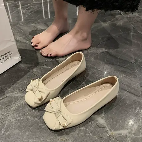 网红平底单鞋女2023夏季新款百搭浅口蝴蝶结仙女鞋温柔方头豆豆鞋商品大图